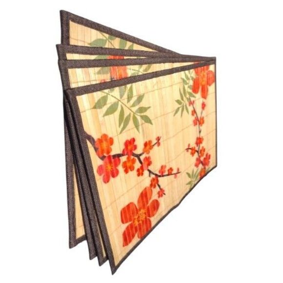 Set of 4 Placemats Asian Style Bamboo Cherry Blossoms Border Japanese 13x19" - Picture 4 of 11